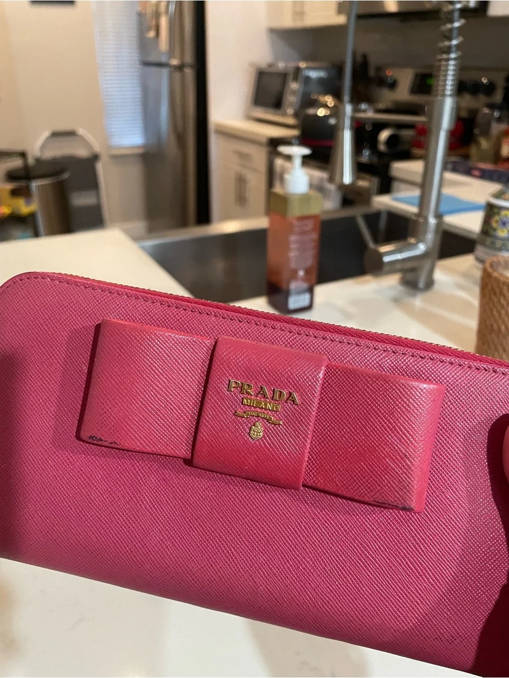 GUC Prada Pink Saffiano Metal Leather Bow Continental Wallet